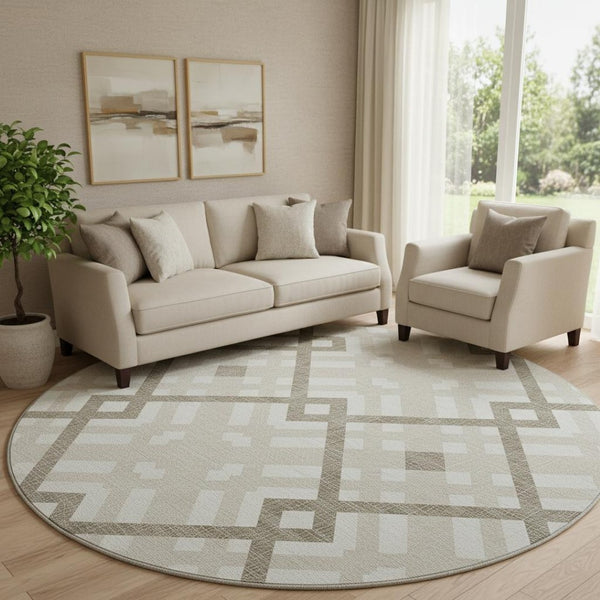 HomeRoots 8' Beige and Ivory Geometric Round Rug – Washable, UV-Protected, Stylish for High-Traffic Spaces! 651367
