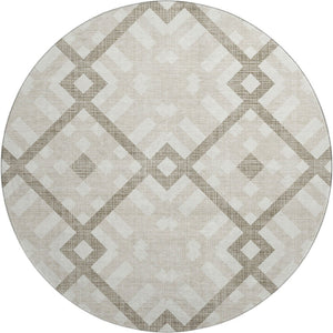 HomeRoots 8' Beige and Ivory Geometric Round Rug – Washable, UV-Protected, Stylish for High-Traffic Spaces! 651367
