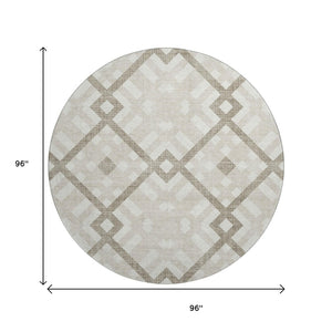 HomeRoots 8' Beige and Ivory Geometric Round Rug – Washable, UV-Protected, Stylish for High-Traffic Spaces! 651367