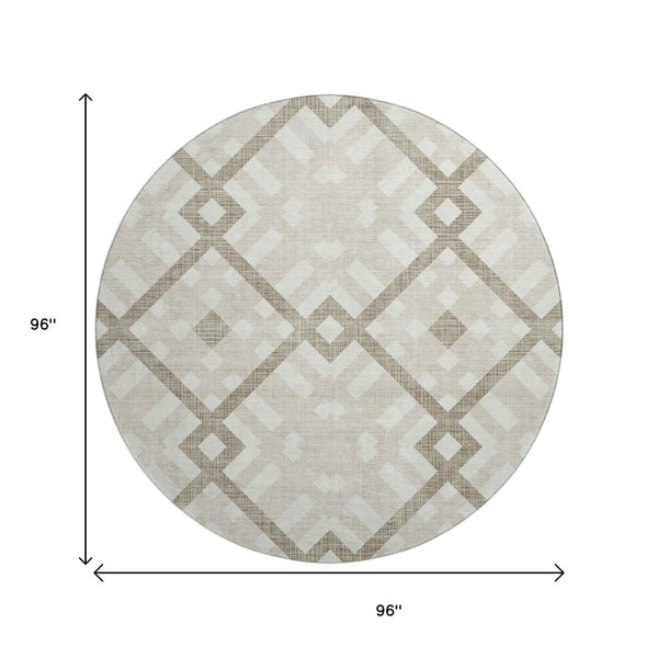 HomeRoots 8' Beige and Ivory Geometric Round Rug – Washable, UV-Protected, Stylish for High-Traffic Spaces! 651367