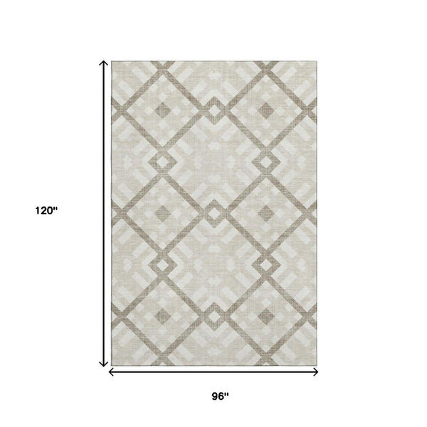 HomeRoots 8' X 10' Modern Beige & Ivory Geometric Washable Area Rug with UV Protection for High-Traffic Rooms 651368