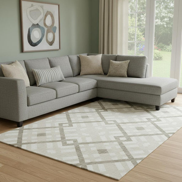 HomeRoots 8' X 10' Modern Beige & Ivory Geometric Washable Area Rug with UV Protection for High-Traffic Rooms 651368