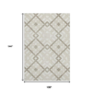 HomeRoots 9' X 12' Beige and Ivory Geometric Area Rug - Washable, UV Protected, Stain Resistant for High-Traffic Spaces 651369