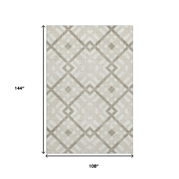 HomeRoots 9' X 12' Beige and Ivory Geometric Area Rug - Washable, UV Protected, Stain Resistant for High-Traffic Spaces 651369