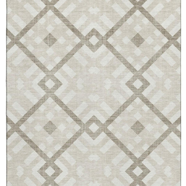 HomeRoots 9' X 12' Beige and Ivory Geometric Area Rug - Washable, UV Protected, Stain Resistant for High-Traffic Spaces 651369