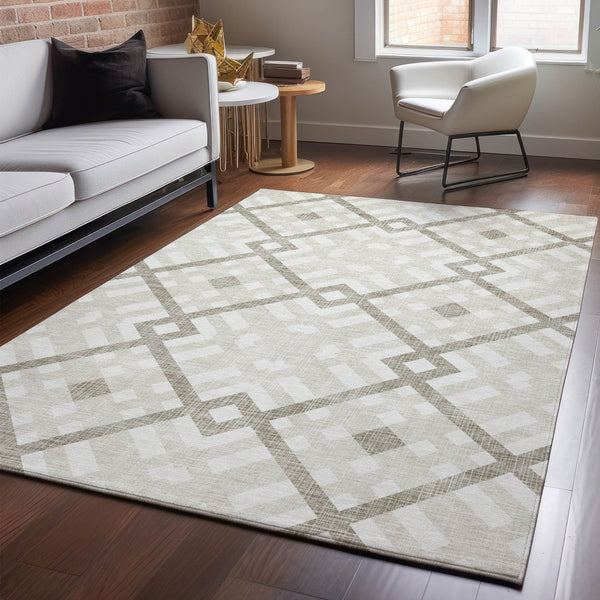 HomeRoots 10' X 14' Beige Geometric Area Rug - Washable, UV-Protected, Stylish & Durable for High-Traffic Spaces 651370