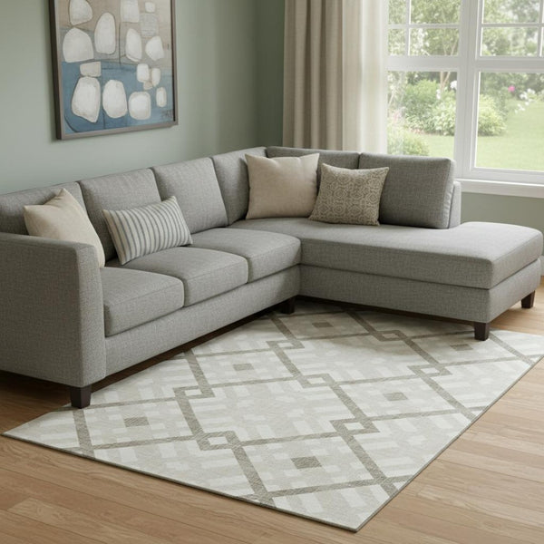 HomeRoots 10' X 14' Beige Geometric Area Rug - Washable, UV-Protected, Stylish & Durable for High-Traffic Spaces 651370