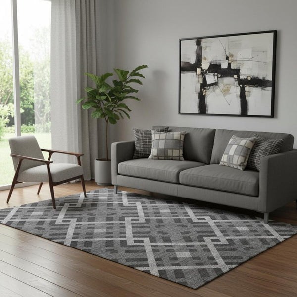 HomeRoots 5' X 8' Charcoal and Ivory Geometric Area Rug – Washable, UV Protected, Ideal for High-Traffic Areas 651372