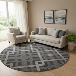 HomeRoots 8' Charcoal and Ivory Geometric Round Rug - Washable, UV-Protected, Durable, Family-Friendly Design 651373