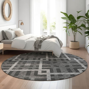 HomeRoots 8' Charcoal and Ivory Geometric Round Rug - Washable, UV-Protected, Durable, Family-Friendly Design 651373