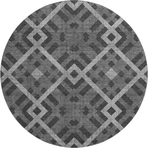 HomeRoots 8' Charcoal and Ivory Geometric Round Rug - Washable, UV-Protected, Durable, Family-Friendly Design 651373
