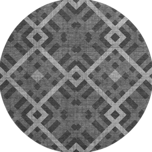 HomeRoots 8' Charcoal and Ivory Geometric Round Rug - Washable, UV-Protected, Durable, Family-Friendly Design 651373