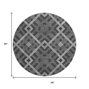 HomeRoots 8' Charcoal and Ivory Geometric Round Rug - Washable, UV-Protected, Durable, Family-Friendly Design 651373