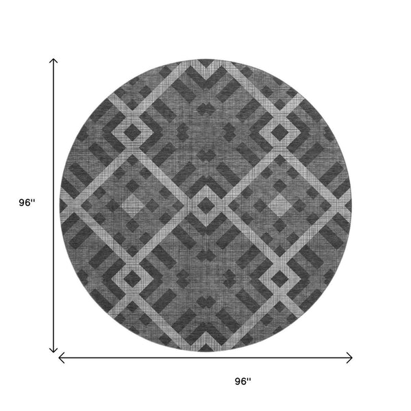 HomeRoots 8' Charcoal and Ivory Geometric Round Rug - Washable, UV-Protected, Durable, Family-Friendly Design 651373