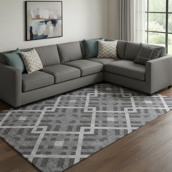 HomeRoots 8' X 10' Charcoal & Ivory Geometric Area Rug - Washable, UV-Protected, Stylish & Durable for Any Space 651374