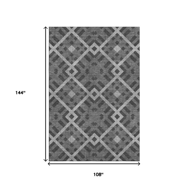 HomeRoots 9' X 12' Charcoal & Ivory Geometric Area Rug - Washable, UV-Protected, Perfect for High-Traffic Spaces 651375