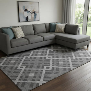 HomeRoots 9' X 12' Charcoal & Ivory Geometric Area Rug - Washable, UV-Protected, Perfect for High-Traffic Spaces 651375