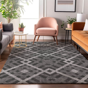 HomeRoots 9' X 12' Charcoal & Ivory Geometric Area Rug - Washable, UV-Protected, Perfect for High-Traffic Spaces 651375