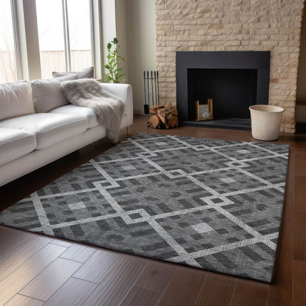 HomeRoots 9' X 12' Charcoal & Ivory Geometric Area Rug - Washable, UV-Protected, Perfect for High-Traffic Spaces 651375