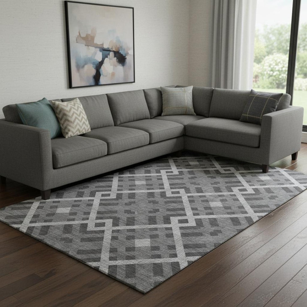 HomeRoots 10' X 14' Charcoal & Ivory Geometric Area Rug – Washable, UV-Protected, Durable for High-Traffic Spaces 651376