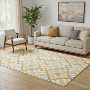 HomeRoots 5' X 8' Gold and Ivory Geometric Area Rug - Washable, UV Protected, Durable, and Stylish Design! 651378