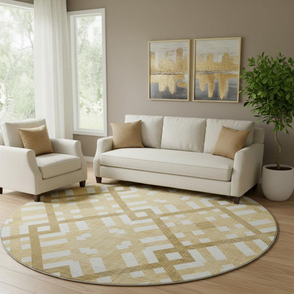 HomeRoots 8' Gold and Ivory Geometric Round Rug – Washable, UV-Protected, Stylish Durability for Any Room 651379