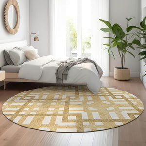 HomeRoots 8' Gold and Ivory Geometric Round Rug – Washable, UV-Protected, Stylish Durability for Any Room 651379