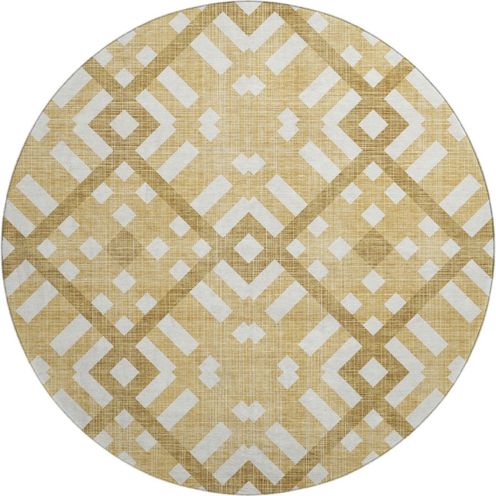 HomeRoots 8' Gold and Ivory Geometric Round Rug – Washable, UV-Protected, Stylish Durability for Any Room 651379