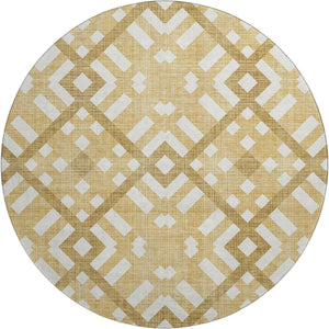 HomeRoots 8' Gold and Ivory Geometric Round Rug – Washable, UV-Protected, Stylish Durability for Any Room 651379