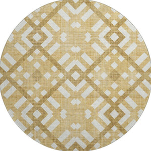 HomeRoots 8' Gold and Ivory Geometric Round Rug – Washable, UV-Protected, Stylish Durability for Any Room 651379
