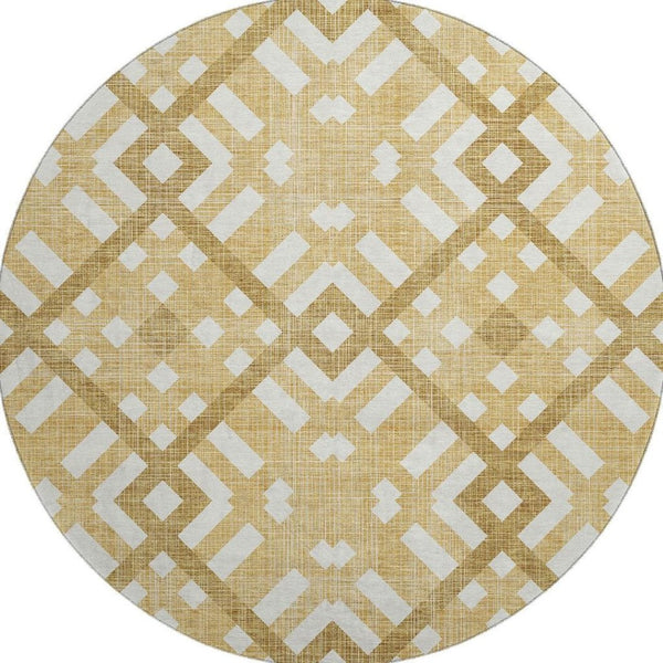 HomeRoots 8' Gold and Ivory Geometric Round Rug – Washable, UV-Protected, Stylish Durability for Any Room 651379