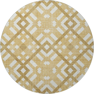 HomeRoots 8' Gold and Ivory Geometric Round Rug – Washable, UV-Protected, Stylish Durability for Any Room 651379