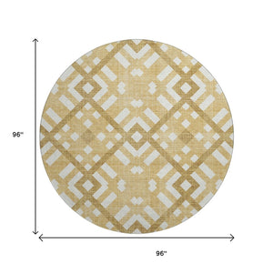 HomeRoots 8' Gold and Ivory Geometric Round Rug – Washable, UV-Protected, Stylish Durability for Any Room 651379
