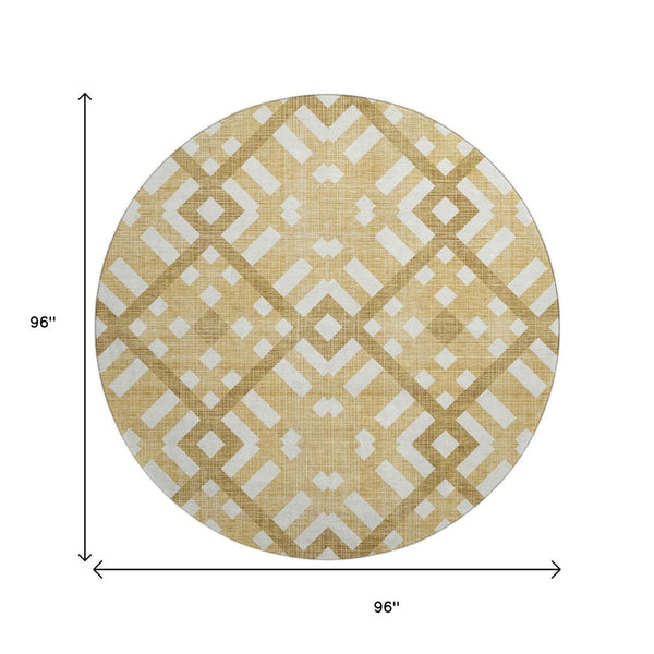 HomeRoots 8' Gold and Ivory Geometric Round Rug – Washable, UV-Protected, Stylish Durability for Any Room 651379