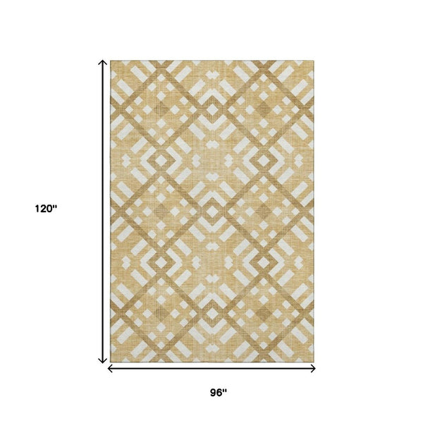 HomeRoots 8' X 10' Gold and Ivory Geometric Area Rug - Stylish, Washable, UV Protected for Modern Spaces 651380