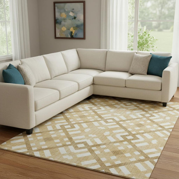 HomeRoots 8' X 10' Gold and Ivory Geometric Area Rug - Stylish, Washable, UV Protected for Modern Spaces 651380