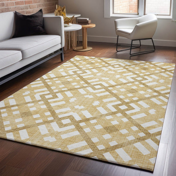 HomeRoots 8' X 10' Gold and Ivory Geometric Area Rug - Stylish, Washable, UV Protected for Modern Spaces 651380