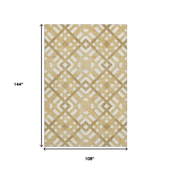 HomeRoots 9' X 12' Stylish Gold and Ivory Geometric Area Rug - Washable, UV-Protected, Durable Design for Every Room 651381