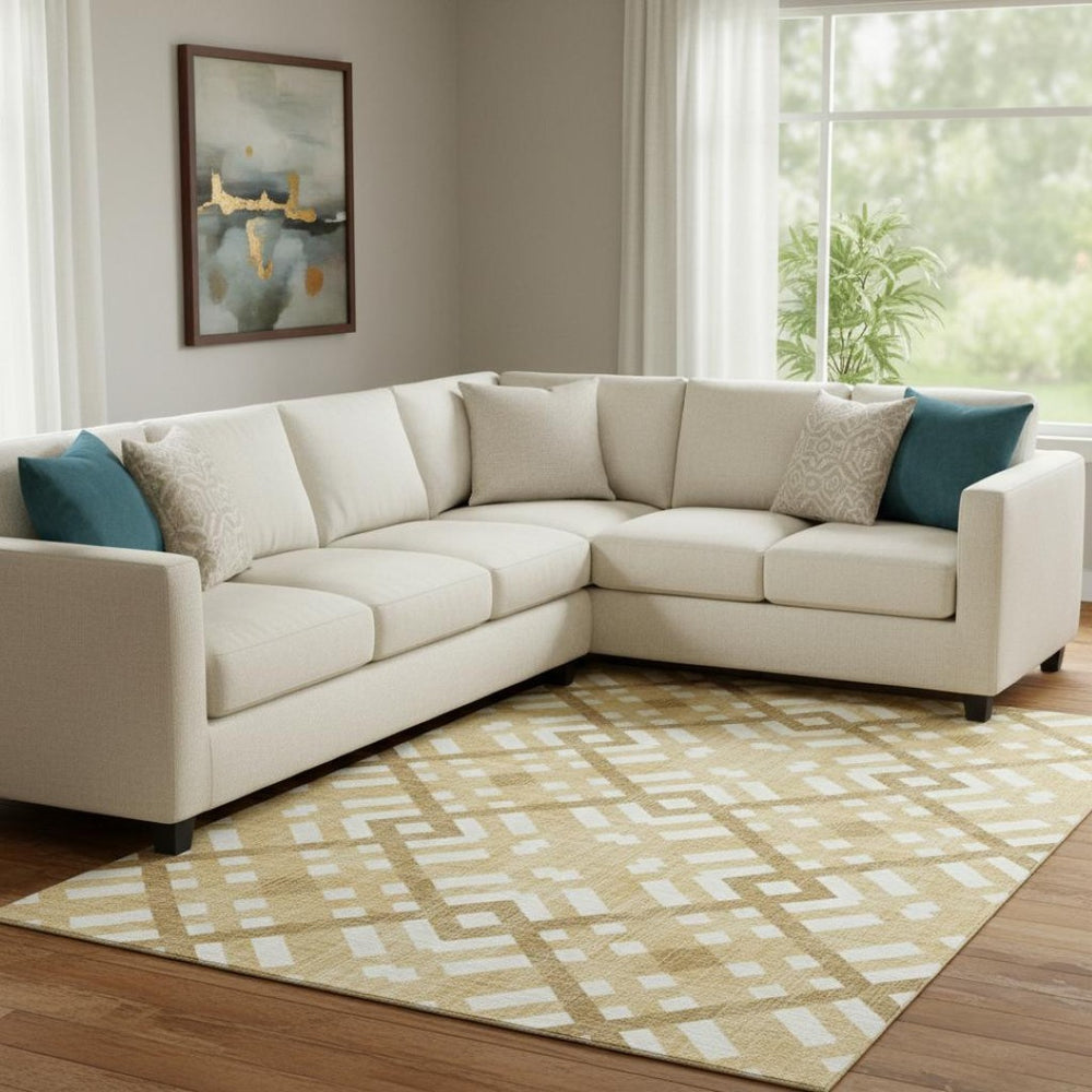 HomeRoots 9' X 12' Stylish Gold and Ivory Geometric Area Rug - Washable, UV-Protected, Durable Design for Every Room 651381