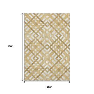 HomeRoots 10' X 14' Gold And Ivory Geometric Area Rug – Washable, Stain-Resistant, UV-Protected for Families 651382