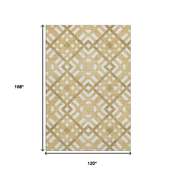 HomeRoots 10' X 14' Gold And Ivory Geometric Area Rug – Washable, Stain-Resistant, UV-Protected for Families 651382