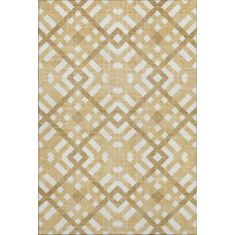 HomeRoots 10' X 14' Gold And Ivory Geometric Area Rug – Washable, Stain-Resistant, UV-Protected for Families 651382