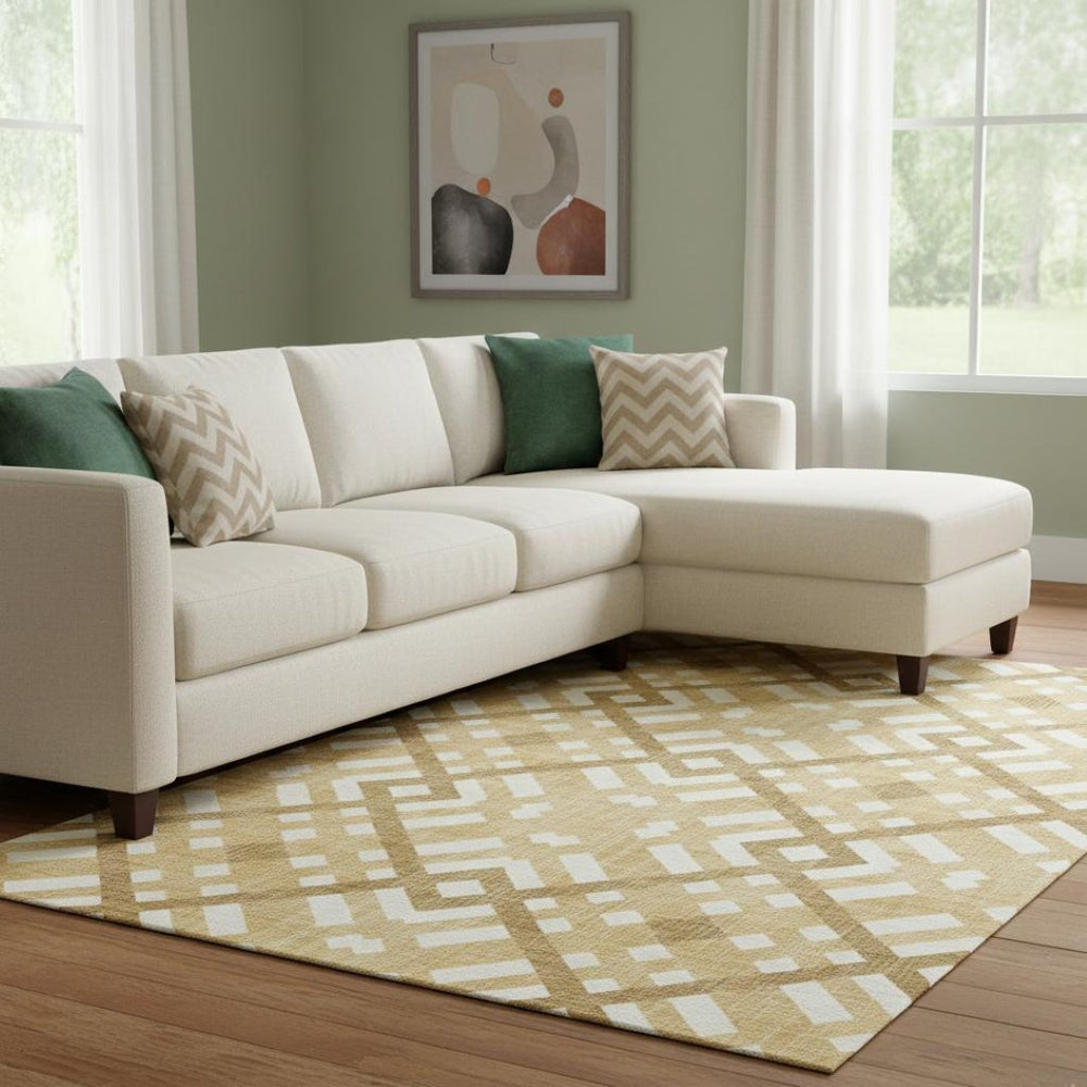 HomeRoots 10' X 14' Gold And Ivory Geometric Area Rug – Washable, Stain-Resistant, UV-Protected for Families 651382