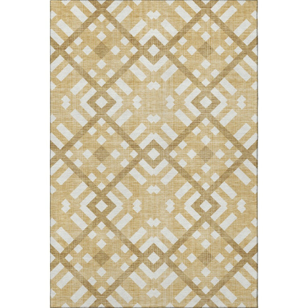 HomeRoots 10' X 14' Gold And Ivory Geometric Area Rug – Washable, Stain-Resistant, UV-Protected for Families 651382