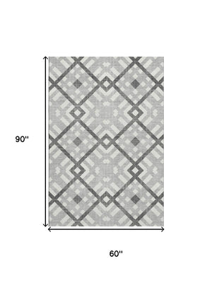 HomeRoots 5' X 8' Gray and Ivory Geometric Washable Area Rug - UV Protected, Stain Resistant & Stylish Design 651384