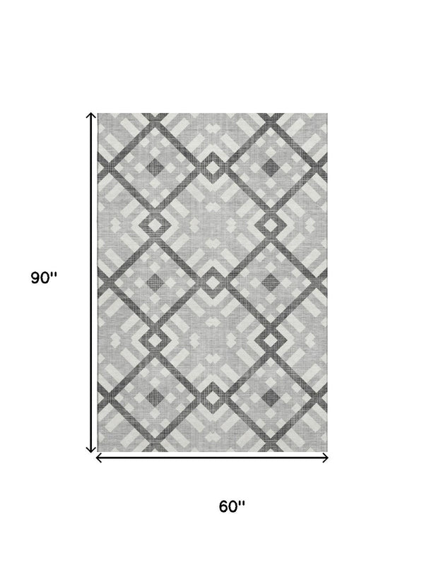 HomeRoots 5' X 8' Gray and Ivory Geometric Washable Area Rug - UV Protected, Stain Resistant & Stylish Design 651384