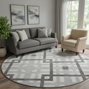 HomeRoots 8' Gray and Ivory Geometric Round Rug - Washable, Stain Resistant, UV Protected for Modern Spaces 651385