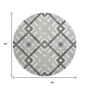 HomeRoots 8' Gray and Ivory Geometric Round Rug - Washable, Stain Resistant, UV Protected for Modern Spaces 651385