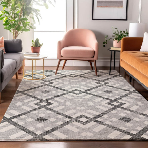 HomeRoots 9' X 12' Gray And Ivory Geometric Area Rug - Washable, UV-Protected, Durable for High-Traffic Spaces 651387