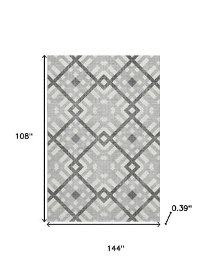 HomeRoots 9' X 12' Gray And Ivory Geometric Area Rug - Washable, UV-Protected, Durable for High-Traffic Spaces 651387